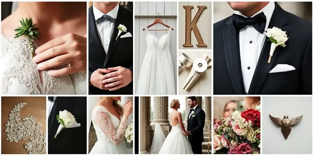 Collage de photos montrant des détails subtils et cachés d'un mariage